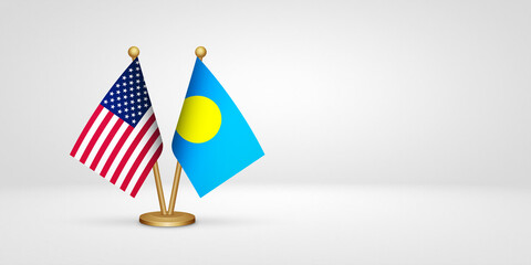 USA vs Palau desk flags mockup 3d illustration. Versus flag of US United States of America
