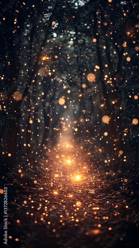 Poster enchanted forest path aglow with floating sparks of light magical ambiance through the forest creati