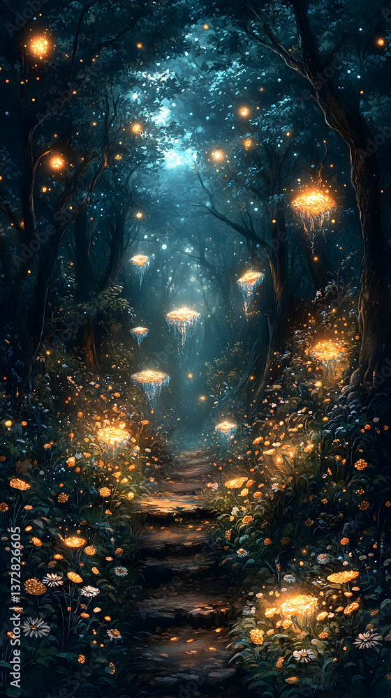 Poster enchanted forest at twilight with glowing flora and fauna a path illuminated by ethereal light and s