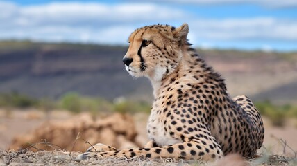 Close-up of a cheetah lying on the ground in a natural habitat