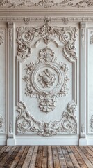 Ornate Plaster Wall with Wood Floor Capturing Architectural Detail of Baroque Style with Intricate Carvings and Classic Design for Interior Decor