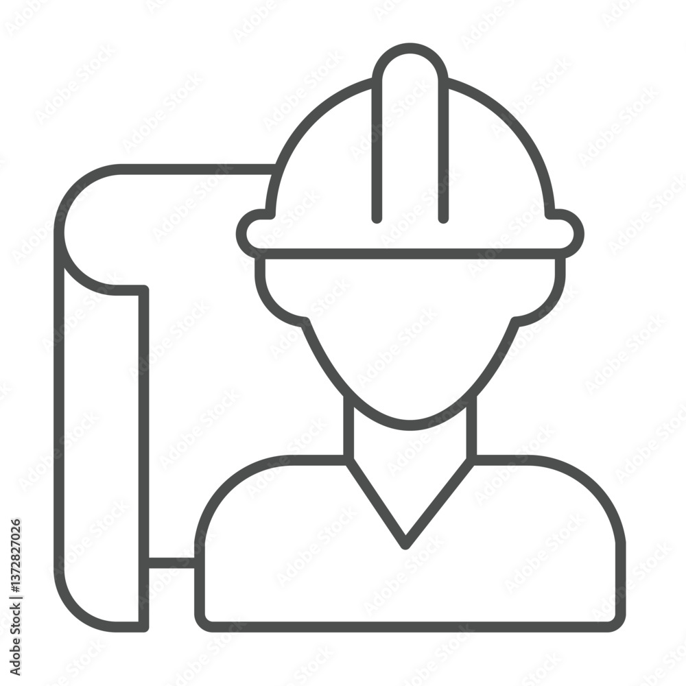 Poster architect man project paper thin line icon, architect studio concept. vector graphics. construction 