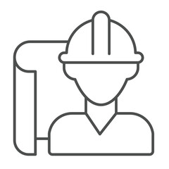Architect man project paper thin line icon, architect studio concept. Vector graphics. Construction worker with project plan sign on white background, outline style icon for mobile or web design.