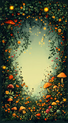 Enchanted garden scene with lush greenery bright orange flowers  charming mushrooms glowing lights creating a magic