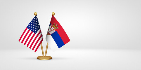 USA vs Serbia desk flags mockup 3d illustration. Versus flag of US United States of America