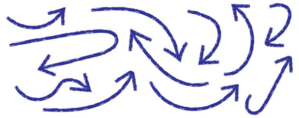 Blue doodle set on white background. Hand drawn set of doodle arrow icons. doodle marker thick arrows in different directions. Blue hand drawn brush arrow set. Grunge curved arrows set. Hand drawn 