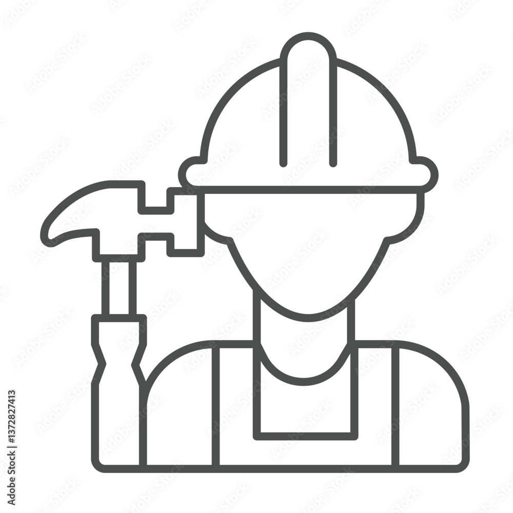 Poster builder man and hammer thin line icon, construction concept. vector graphics. worker with hammer too