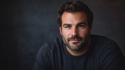 Obraz premium Smiling man with short dark hair and a beard looking directly at the viewer against a dark gray background.
