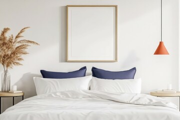 Modern Minimalist Bedroom with Symmetrical Layout, Neutral Color Palette and Soft Lighting. Elegant Bed with Artwork Frame, Navy Blue Accents and Subtle Textured Background