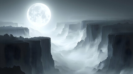 Enigmatic cliffs veiled in mist under a radiant full moon creating a serene and mysterious atmosphere