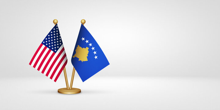USA vs Kosovo kosova desk flags mockup 3d illustration. Versus flag of US United States of America