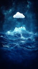 A whimsical depiction of ocean waves under a starry night sky capped by a single fluffy cloud Splashing waves create