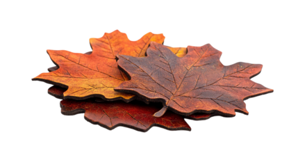A set of autumn leaf-shaped coasters, isolated on white background --ar 16:9