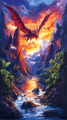 Fototapeta premium Epic scene Dragons soar above a river cutting through mountains as a sunset paints the sky in vibrant hues reflecting