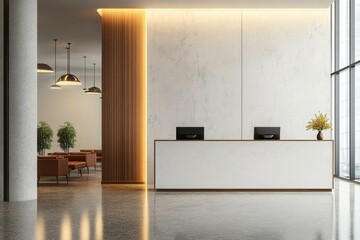 Modern Elegance White Reception Desk in Stylish Interior with Natural Light and Textured Accents, Ideal for Hospitality and Design Concepts