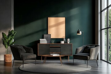 Modern Elegance Dark Wood Cabinet on Green Wall with Velvet Armchairs in Curated Interior Setting Luxury Home Decor Concept