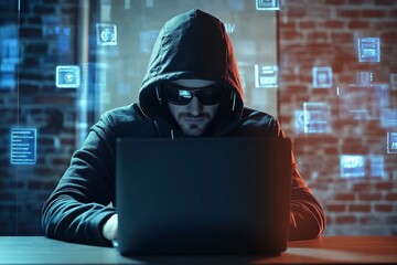Digital Hacker Concept Mysterious Hooded Figure with Code Overlay Working on Laptop in Dark Secretive Setting - Technology Security Cinematic Scene