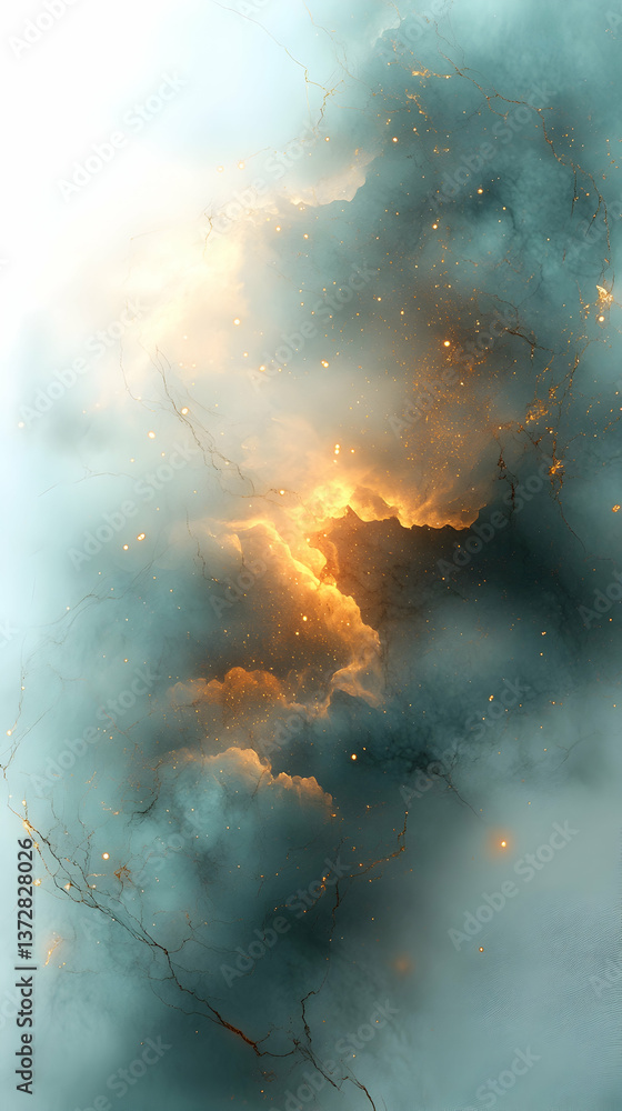 Aufkleber ethereal abstract art features dynamic golden clouds teal tones sparkled with glowing embers branchi