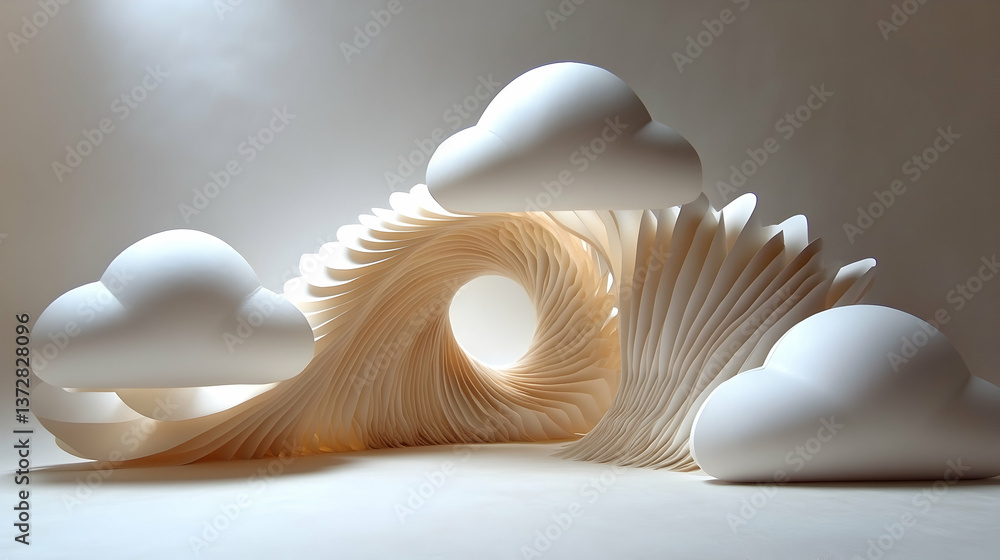 Aufkleber ethereal arrangement of white clouds spiraling paper structure creates a surreal scene blending soft