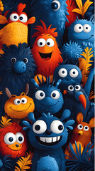 Fototapeta premium A whimsical gathering of colorful cartoon-styled friendly monsters with varying expressions amidst stylized plant life