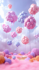 A whimsical land filled with pastel fluffy clouds floating above furry pink hills and colorful round bushes under a so