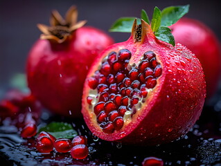 Freshly cut pomegranate showing juicy seeds with droplets of water on a dark surface