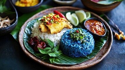 Colorful Malaysian Cuisine with Rice, Fish, and Spicy Sauce