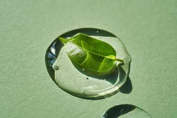 Drop of face serum with green leaf on green background.