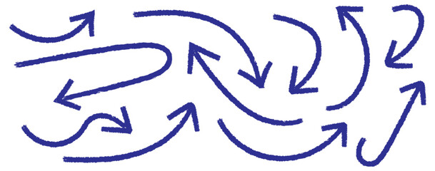 Blue doodle set on white background. Hand drawn set of doodle arrow icons. doodle marker thick arrows in different directions. Blue hand drawn brush arrow set. Grunge curved arrows set. Hand drawn 