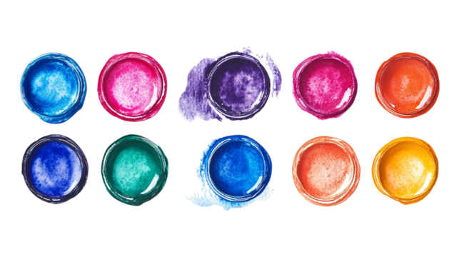 A set of metallic watercolor paints, isolated on white background --ar 16:9