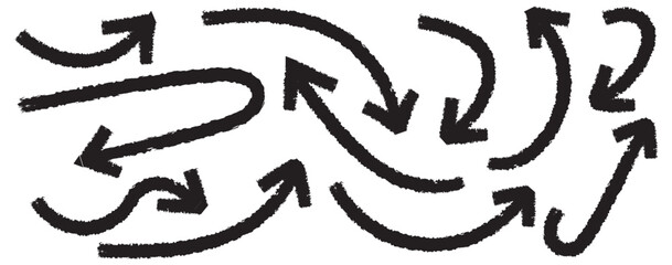 Brush, marker drawn bold arrows set. Collection of hand drawn doodle thick arrows in different directions. Various bold brush drawn arrows seamless pattern. Hand drawn different straight lines. 