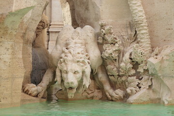 Fountain of the Four Rivers Detail with Sculpted Lion in Rome, Italy