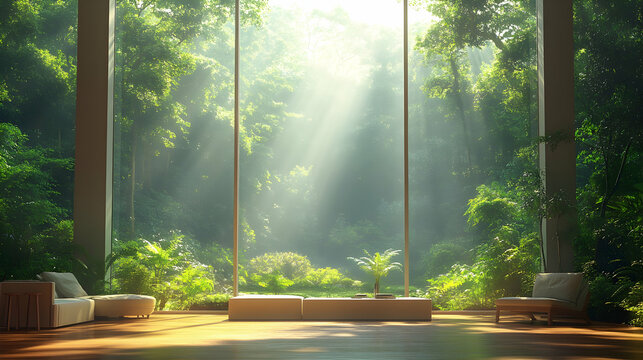 Modern room jungle view tranquil escape