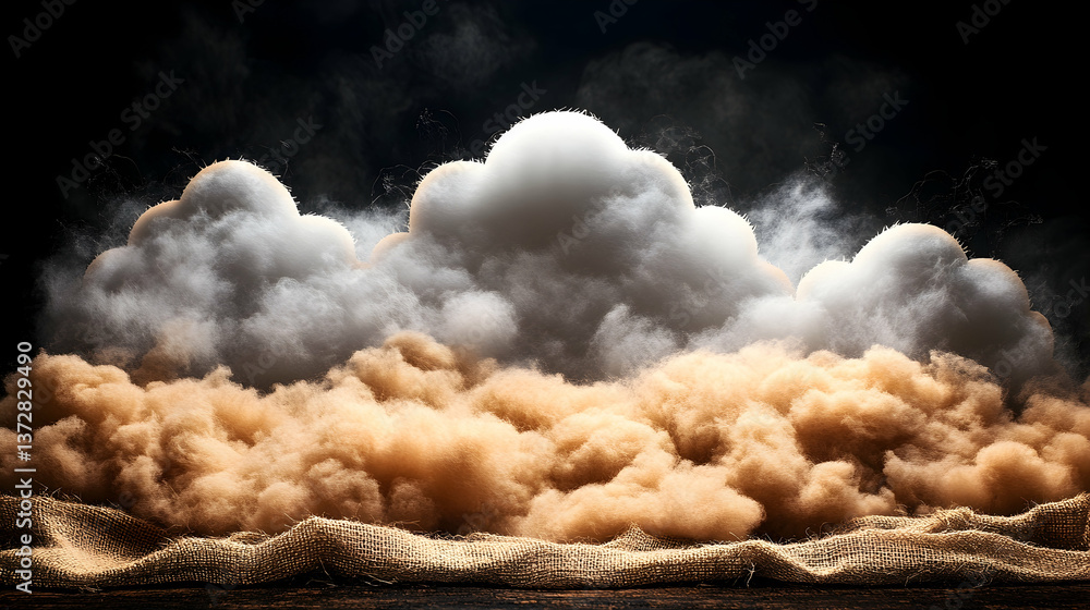 Poster ethereal clouds above brown burlap creating a dramatic and textured composition against a dark backg