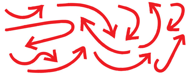 Red Hand drawn vector arrows doodle set on white background. Arrows with grunge lines. Hand drawn set of doodle arrow icons. Collection doodle marker thick arrows in different directions. Curved 