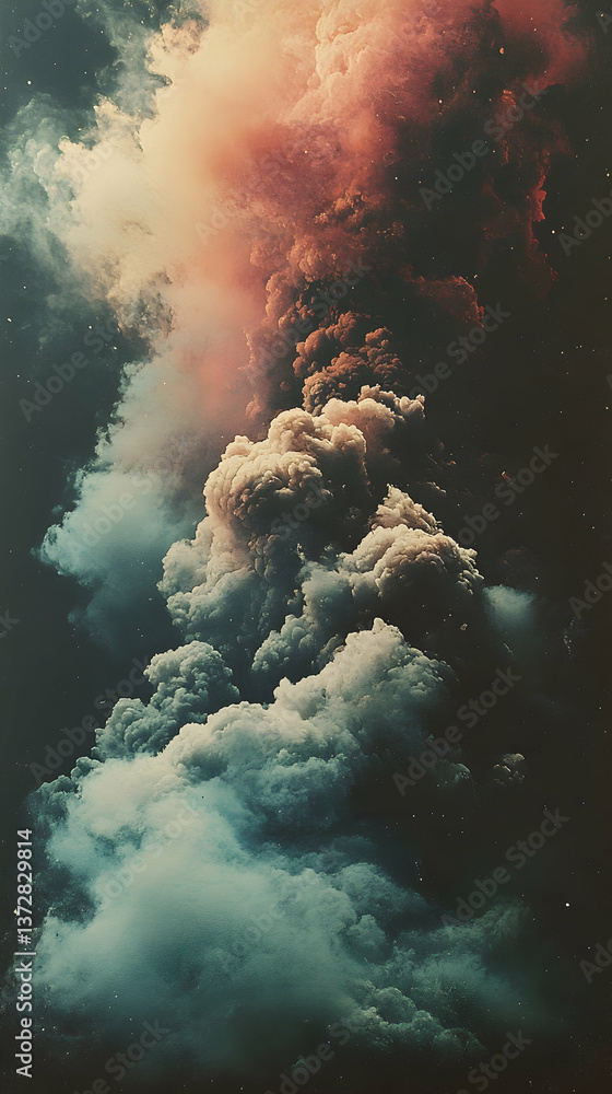 Poster ethereal clouds ascend in a swirl of teal cream and crimson illuminated by soft specks against a dee