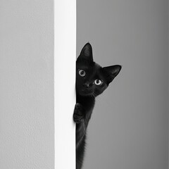 black cat with wide eyes curiously peeking around a white corner in a softly lit environment.