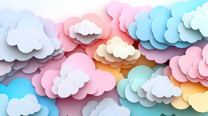 A pastel array of cloud shapes layered artistically creating depth and visual appeal with soft hues