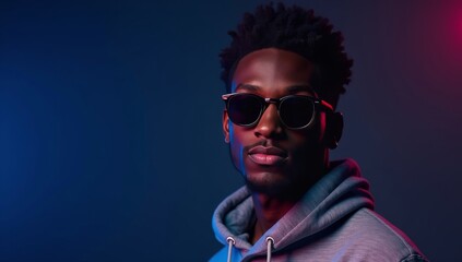 Obraz premium Close-up portrait of handsome black man, wearing hoodie and sunglasses