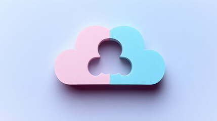 A pastel cloud divided with pink and blue halves floats on a light purple surface The cloud has a central stylized o