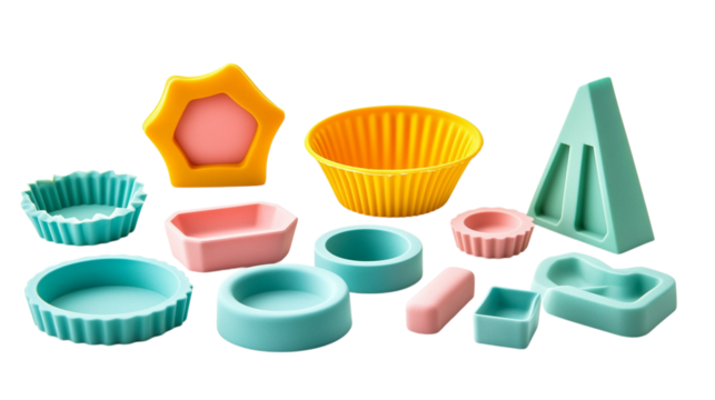 A set of silicone baking molds in geometric shapes, isolated on white background --ar 16:9 - Powered by Adobe