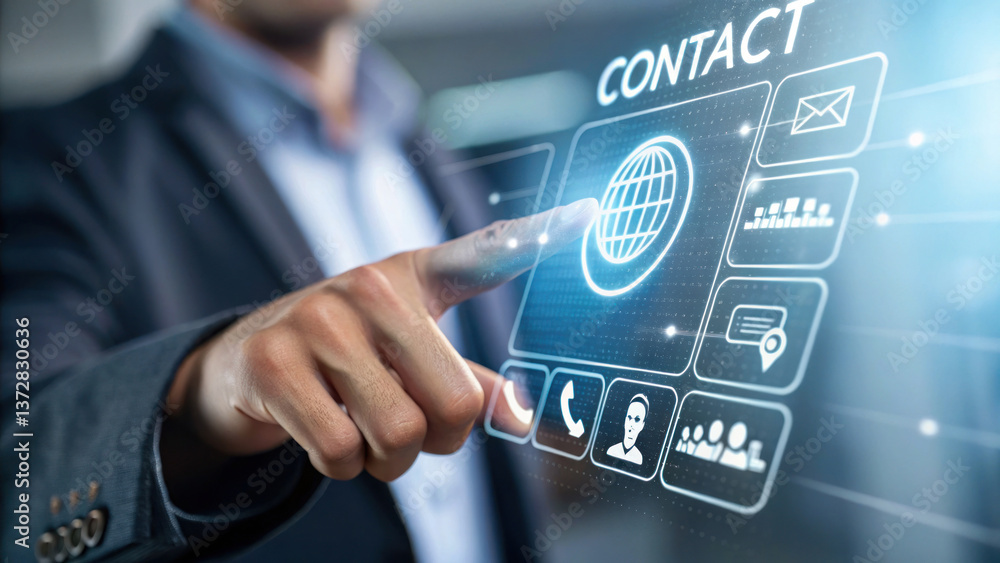 Poster touchscreen interface displaying contact options and global connectivity, showcasing modern technolo