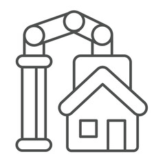 Assembled house and crane thin line icon, construction concept. Vector graphics. 3D printed cottage building sign on white background, outline style icon for mobile or web design.