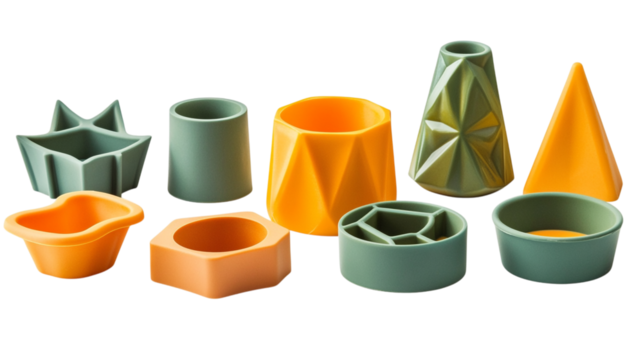 A set of silicone baking molds in geometric shapes, isolated on white background --ar 16:9 - Powered by Adobe