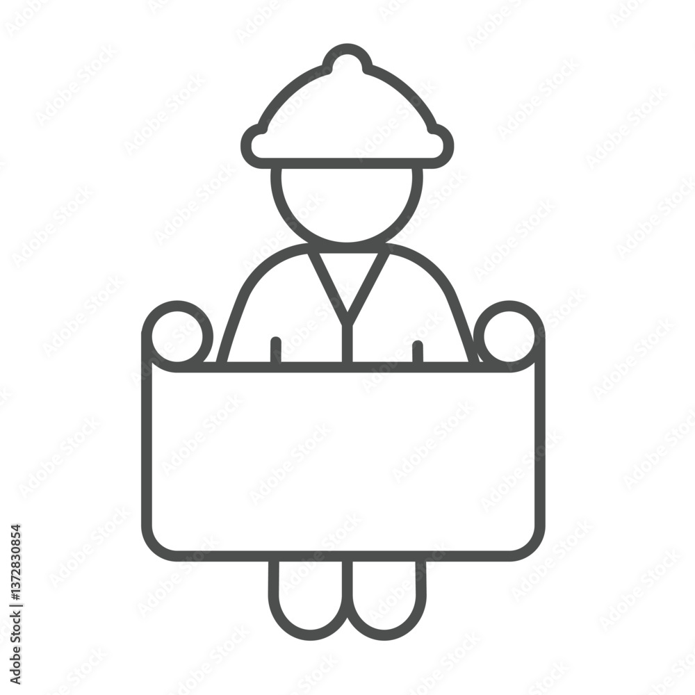 Poster architect man with project paper thin line icon, construction concept. vector graphics. worker and p