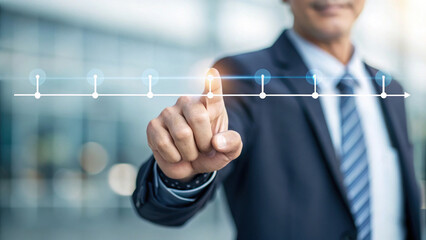 professional man suit is interacting with digital timeline, pointing floating markers that represent progress. This conveys
