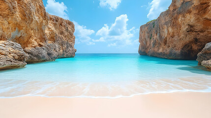 Idyllic cove with blue water and sky framed by rocky cliffs and soft sand Perfect for a serene escape