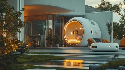 Fototapeta premium Futuristic Pod Home Exterior with Modern Architecture and Lush Garden