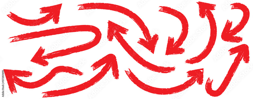 Poster scribble symbols of direction pointers. red hand drawn vector arrows doodle set on white background.