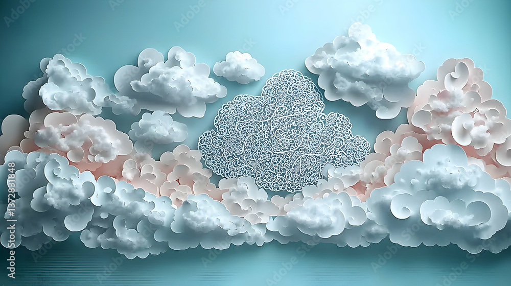 Poster ethereal clouds dance in a serene sky with intricate lace accents add depth and whimsy to a tranquil